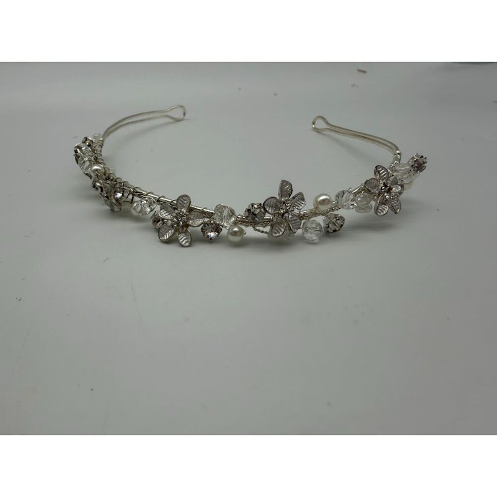 Silver rhinestone pearl bridal headband hair piece